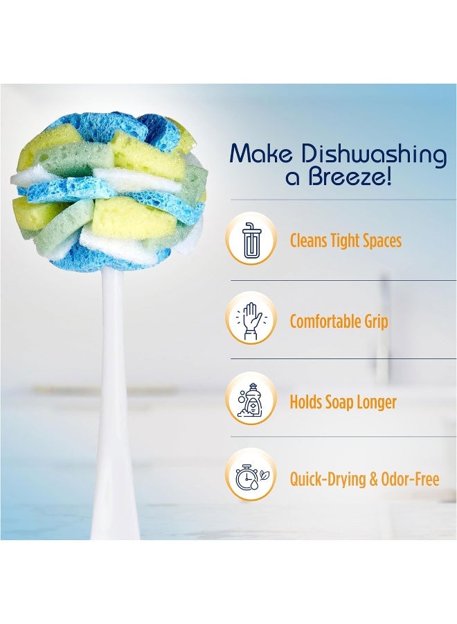 COMPAC HOME Dish Sponge/Wand Plus - Tri Surface Scrubbing Sponge with Cello, Foam & Scour Sponge Petals, Cleans Dishes & Glassware, 360° Scrubber Pads for Tough-to-Clean Pots & Pans - Image 4